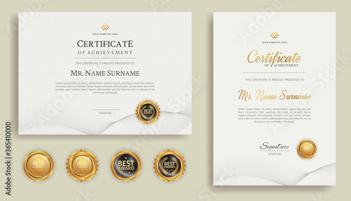 Blue and gold diploma certificate with line art and badges A4 template. For award, business, and education