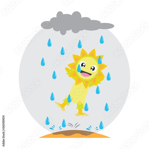 sunflower character dancing in rain