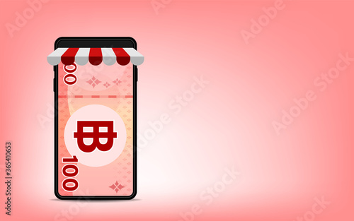money 100 baht banknote thai in smartphone screen, bank note money thailand THB on smart phone screen, mobile phone for currency wallet, paper money in smartphone, online shopping concept, copy space