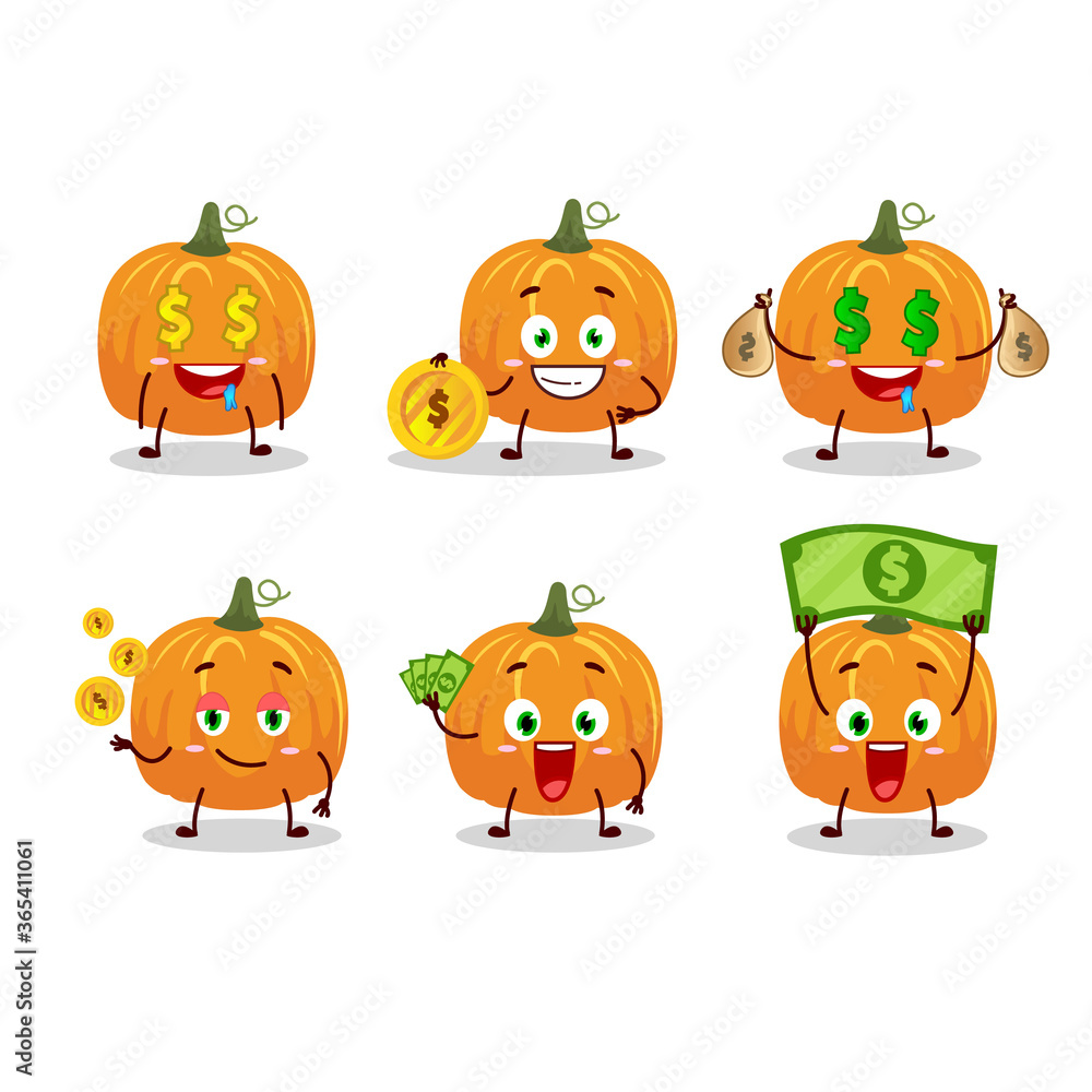 Pumpkin cartoon character with cute emoticon bring money