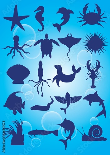silhouette of aquatic animals