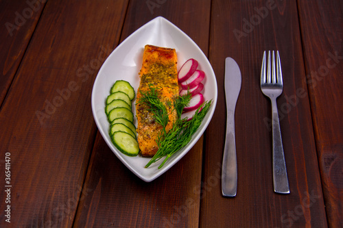 baked salmon steak with mustard breading, honey and spices
