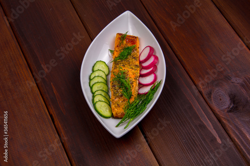 baked salmon steak with mustard breading, honey and spices