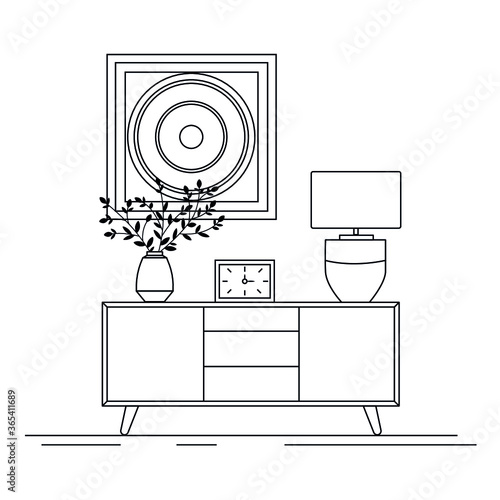Furniture for the bedroom and living room. Vector flat icon. Vector bedroom chest of drawers with table lamp, clock and vase of flowers for websites, logos. Modern interior design. Vector linear icon.