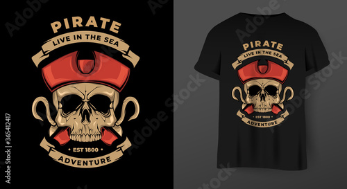 Skull pirate with hook. Illustration for t-shirt print. Vector fashion illustration 