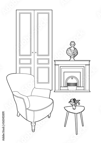 Interior scene drawing of a living room