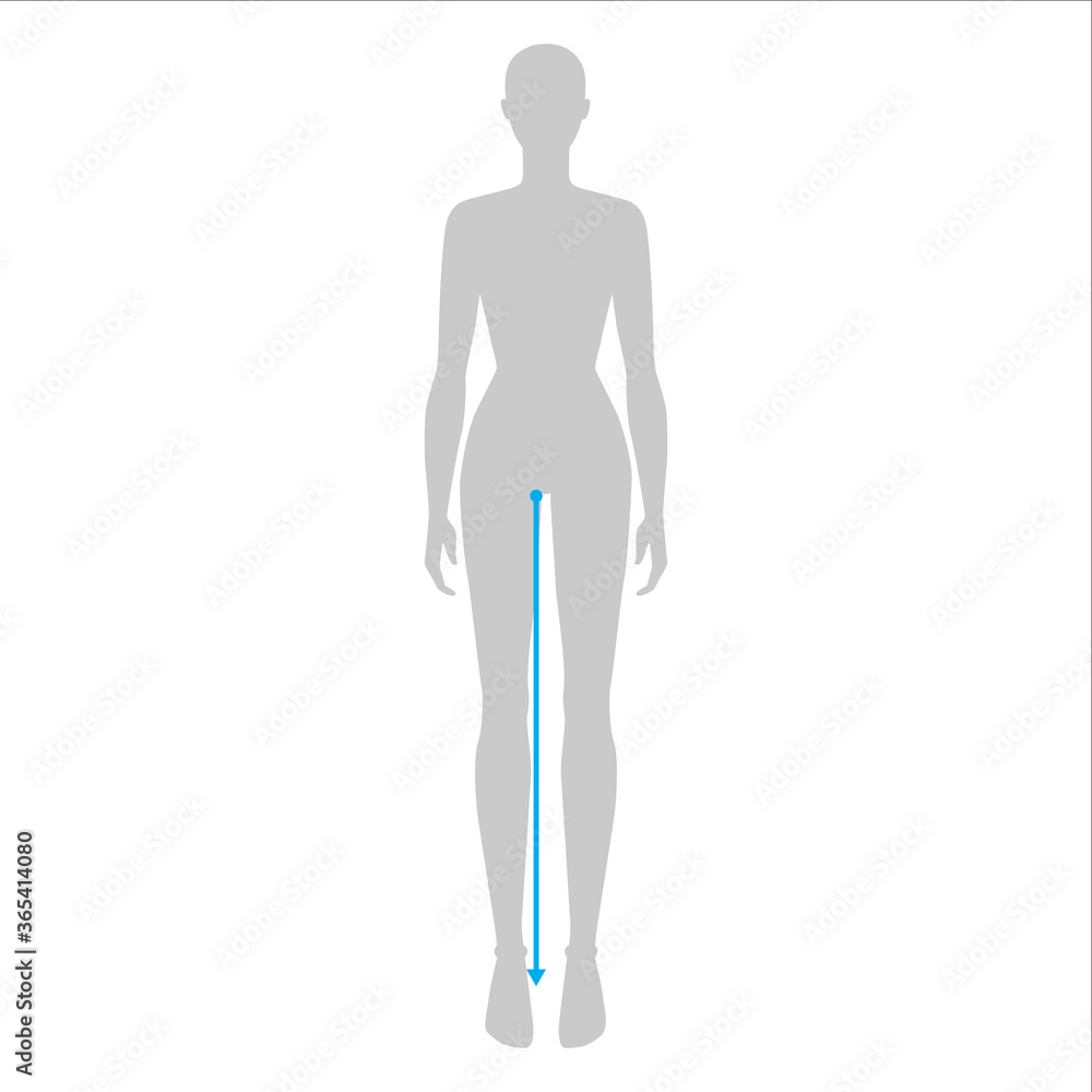 Women to do legs length measurement fashion Illustration for size chart. 7.5 head size girl for site or online shop. Human body infographic template for clothes. 
