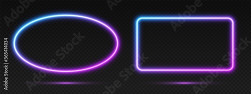 Neon gradient frames set, collection of blue-pink glowing borders isolated on a dark background. Colorful night banners, vector light effect. Ellipse and rectangle, bright illuminated shapes.