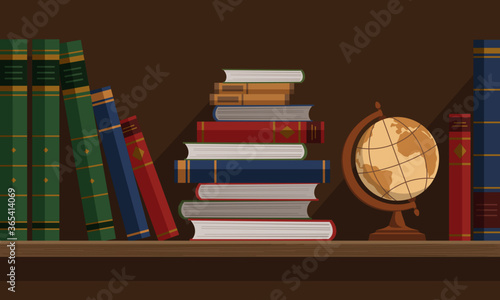 Wooden bookshelf with books and an antique globe. Library, bookstore and education concept. Vector illustration in flat cartoon style.