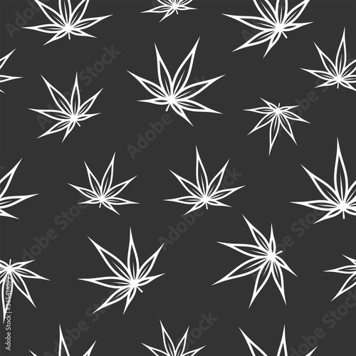 Seamless ornament with white hemp or cannabis leaf on black background.