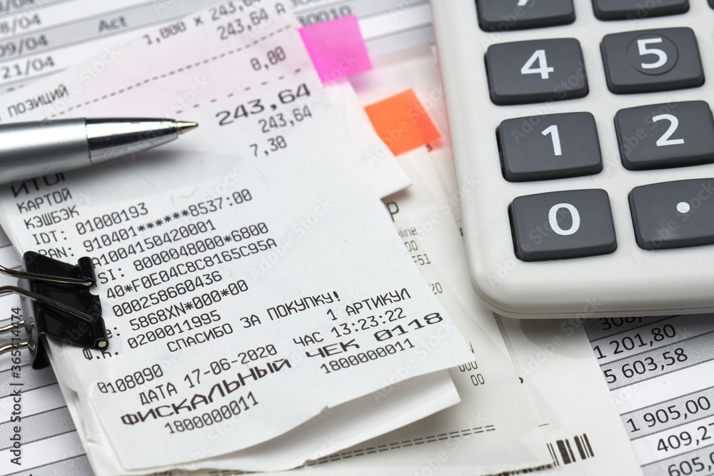 cash registers purchase receipt, calculator and financial reports, analysis and accounting, various office items for bookkeeping cash registers purchase receipt, calculator and financial reports, analysis and accounting, various office items for bookkeeping