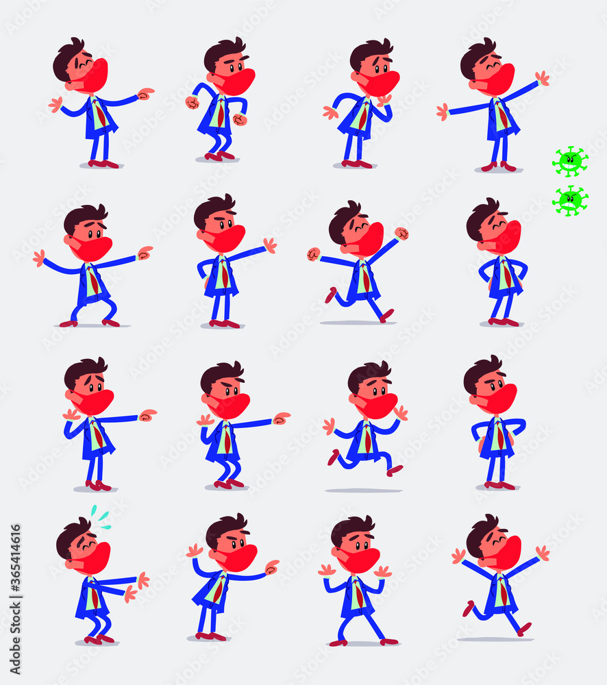 Cartoon character businessman with mask and virus COVID in smart casual style. Set with different postures, attitudes and poses, doing different activities in isolated vector illustrations.
Cartoon character businessman with mask and virus COVID in smart casual style. Set with different postures, attitudes and poses, doing different activities in isolated vector illustrations.