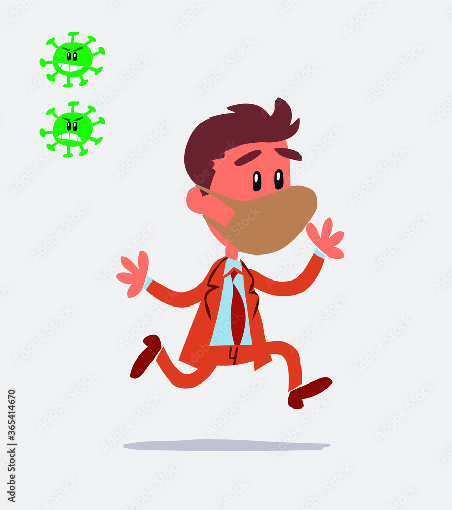 businessman with mask and virus COVID running happily
