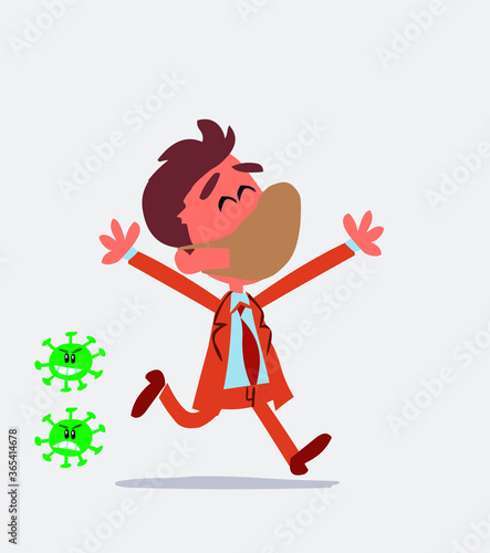 businessman with mask and virus COVID running euphoric
