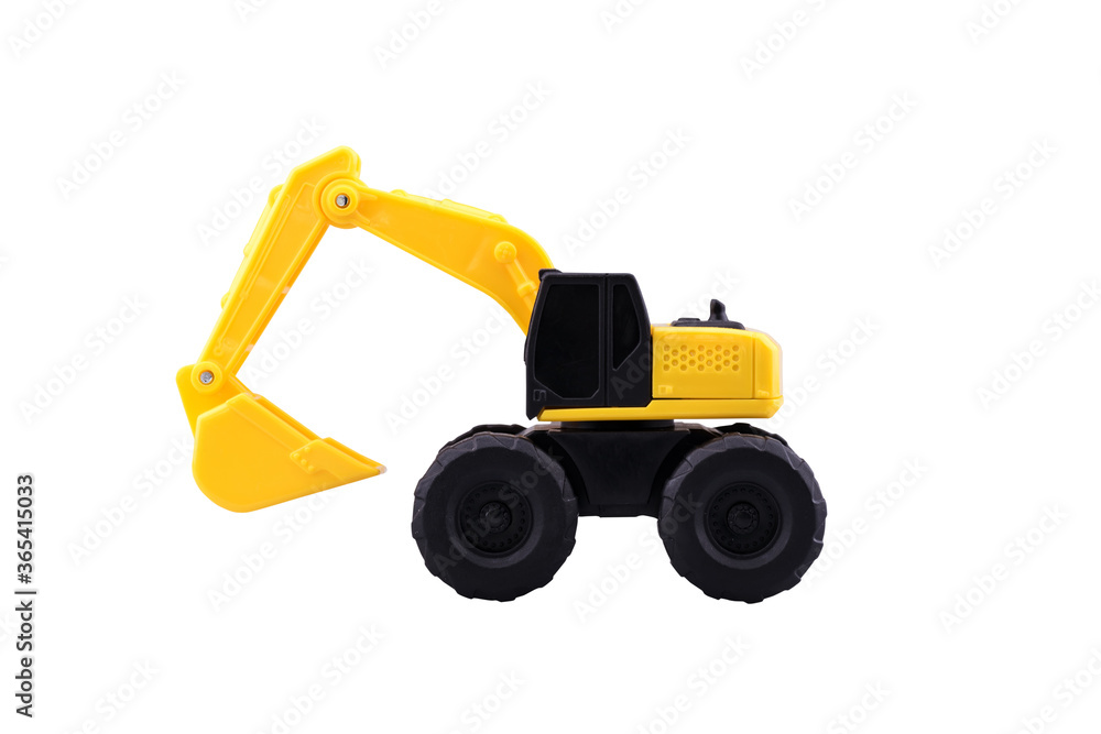 Naklejka premium Heavy duty construction backhoe toy isolated with clipping path on white background.