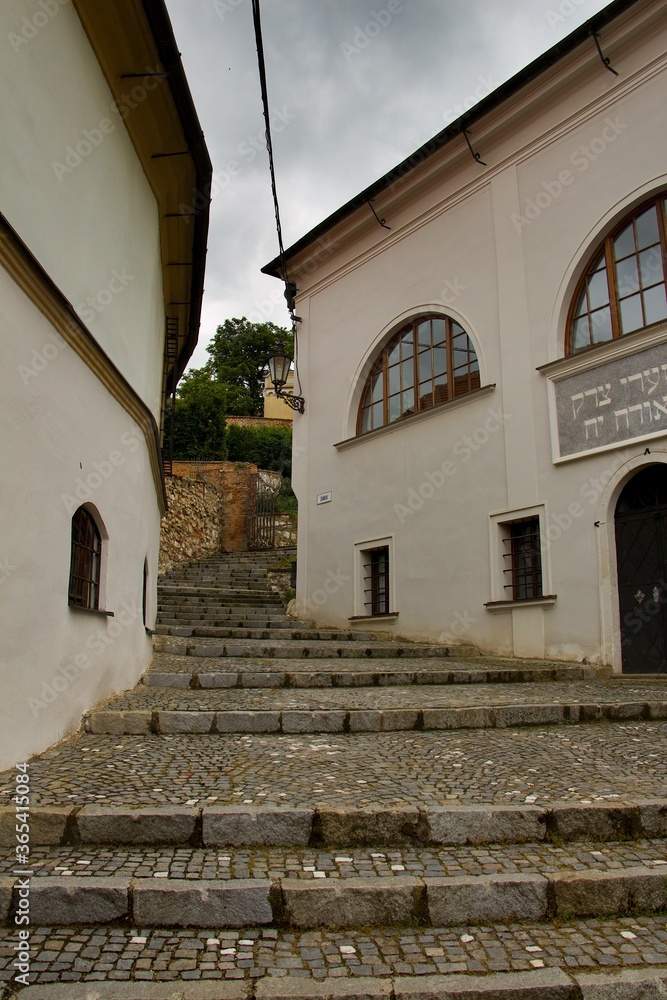 Historical narrow street with stairs located near the center of Mikulov in the district of Breclav, region of Morava, Czechia, middle Europe	