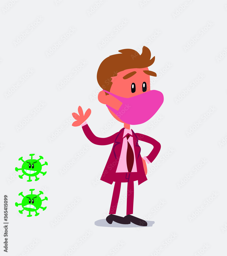 businessman with mask and virus COVID waving while smiling
businessman with mask and virus COVID waving while smiling