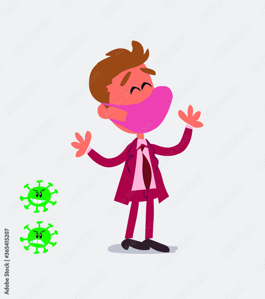 Pleased businessman with mask and virus COVID explaining something Pleased businessman with mask and virus COVID explaining something