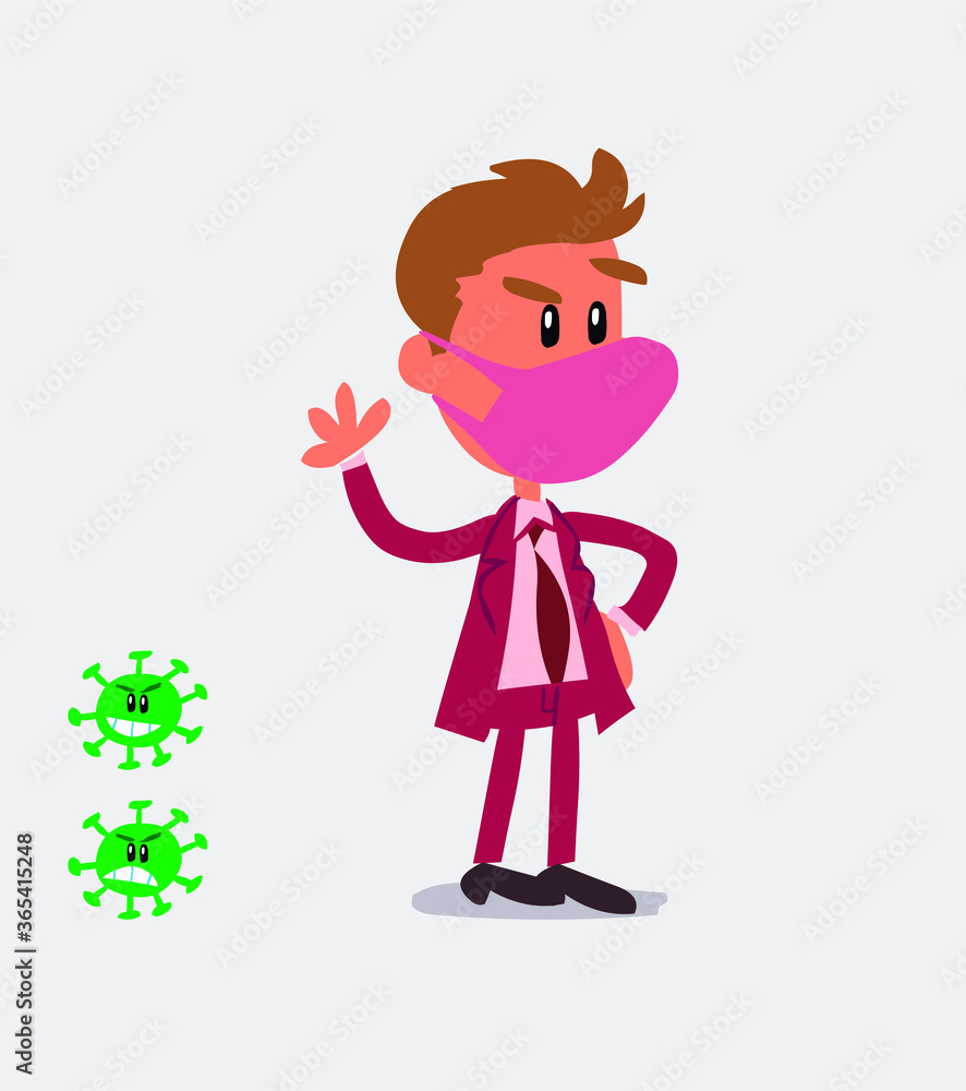 businessman with mask and virus COVID waving while smiling
businessman with mask and virus COVID waving while smiling