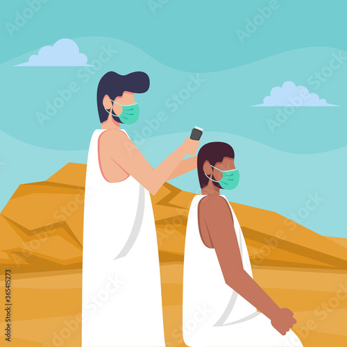 Hajj islamic pilgrimage ritual guide during pandemic covid-19. Flat style vector illustration of muslim characters trim his hair while wearing mask to prevent corona virus spread.