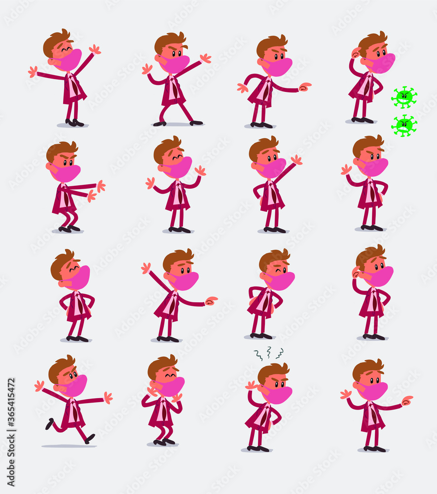 Cartoon character businessman with mask and virus COVID in smart casual style. Set with different postures, attitudes and poses, doing different activities in isolated vector illustrations.
