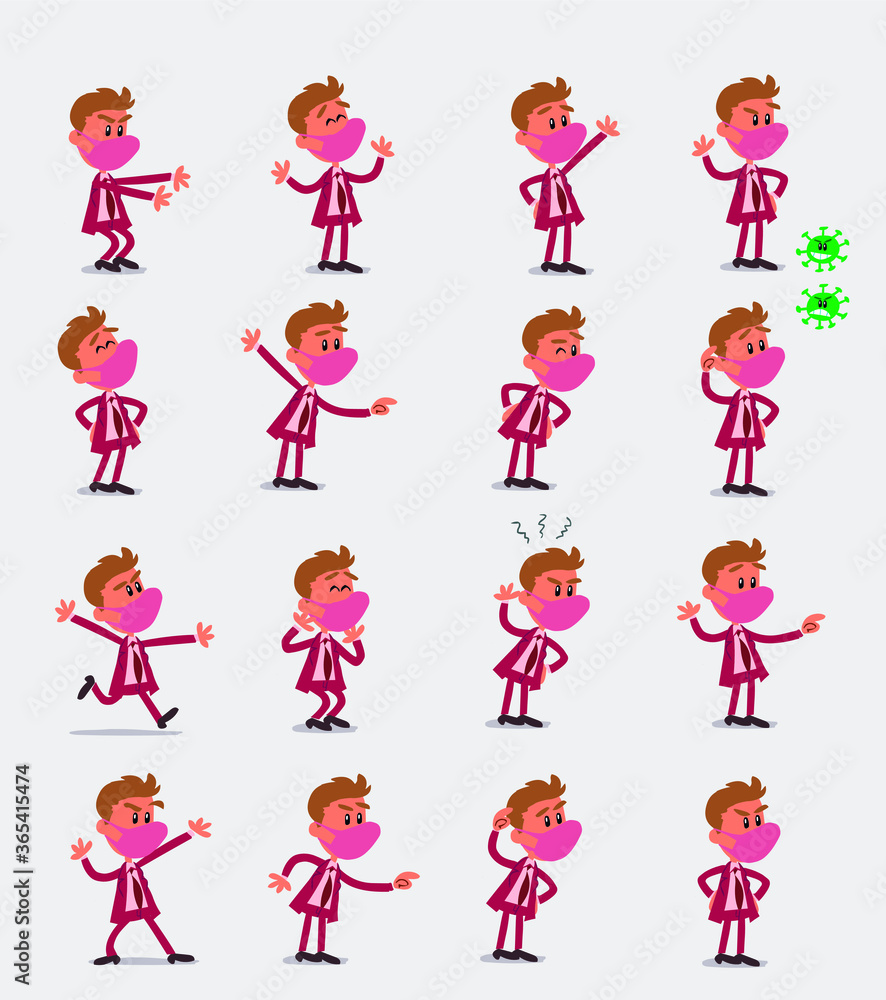 Cartoon character businessman with mask and virus COVID in smart casual style. Set with different postures, attitudes and poses, doing different activities in isolated vector illustrations.
Cartoon character businessman with mask and virus COVID in smart casual style. Set with different postures, attitudes and poses, doing different activities in isolated vector illustrations.