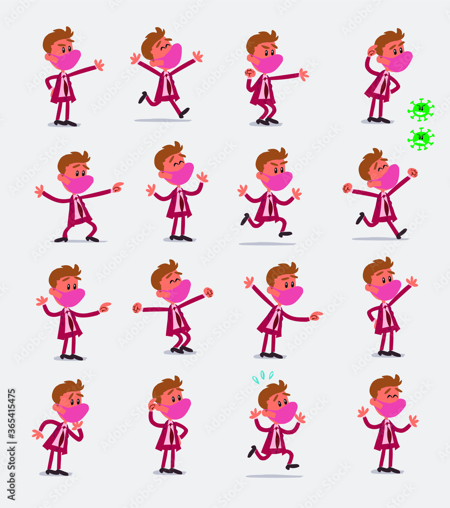 Cartoon character businessman with mask and virus COVID in smart casual style. Set with different postures, attitudes and poses, doing different activities in isolated vector illustrations.
Cartoon character businessman with mask and virus COVID in smart casual style. Set with different postures, attitudes and poses, doing different activities in isolated vector illustrations.