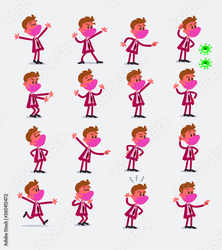 Cartoon character businessman with mask and virus COVID in smart casual style. Set with different postures, attitudes and poses, doing different activities in isolated vector illustrations.
