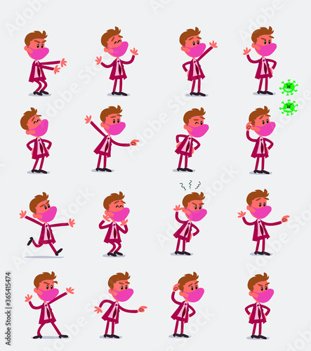 Cartoon character businessman with mask and virus COVID in smart casual style. Set with different postures  attitudes and poses  doing different activities in isolated vector illustrations. 