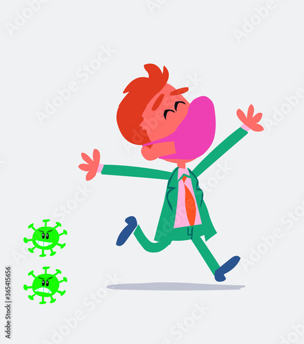 businessman with mask and virus COVID running euphoric