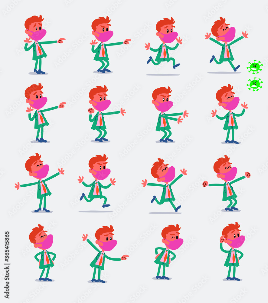 Cartoon character businessman with mask and virus COVID in smart casual style. Set with different postures, attitudes and poses, doing different activities in isolated vector illustrations.
Cartoon character businessman with mask and virus COVID in smart casual style. Set with different postures, attitudes and poses, doing different activities in isolated vector illustrations.