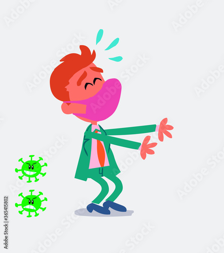 businessman with mask and virus COVID laughing a lot while showing something
