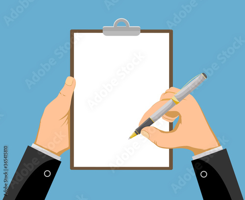 Hands holding a clipboard with a blank sheet of paper