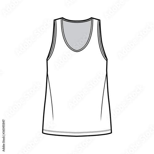 Tank top technical fashion illustration with oversized body, bonded deep V-neckline, sleeveless. Flat shirt apparel template front, white color. Women, men unisex CAD mockup