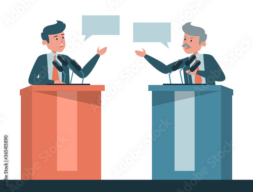 Political debate vector isolated. Two candidates on discussion,presidential election in USA. Men at the microphone on tribune.