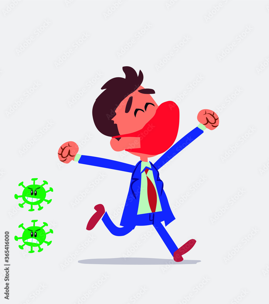 businessman with mask and virus COVID running euphoric