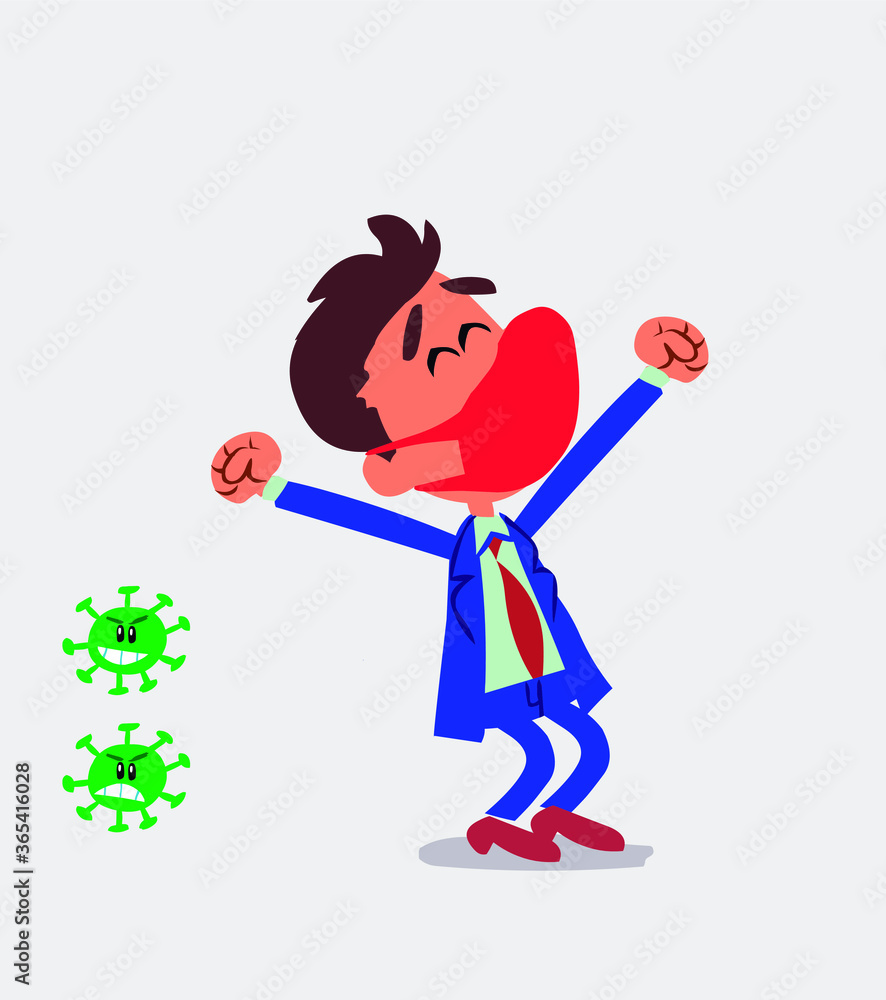 Euphoric businessman with mask and virus COVID
Euphoric businessman with mask and virus COVID
