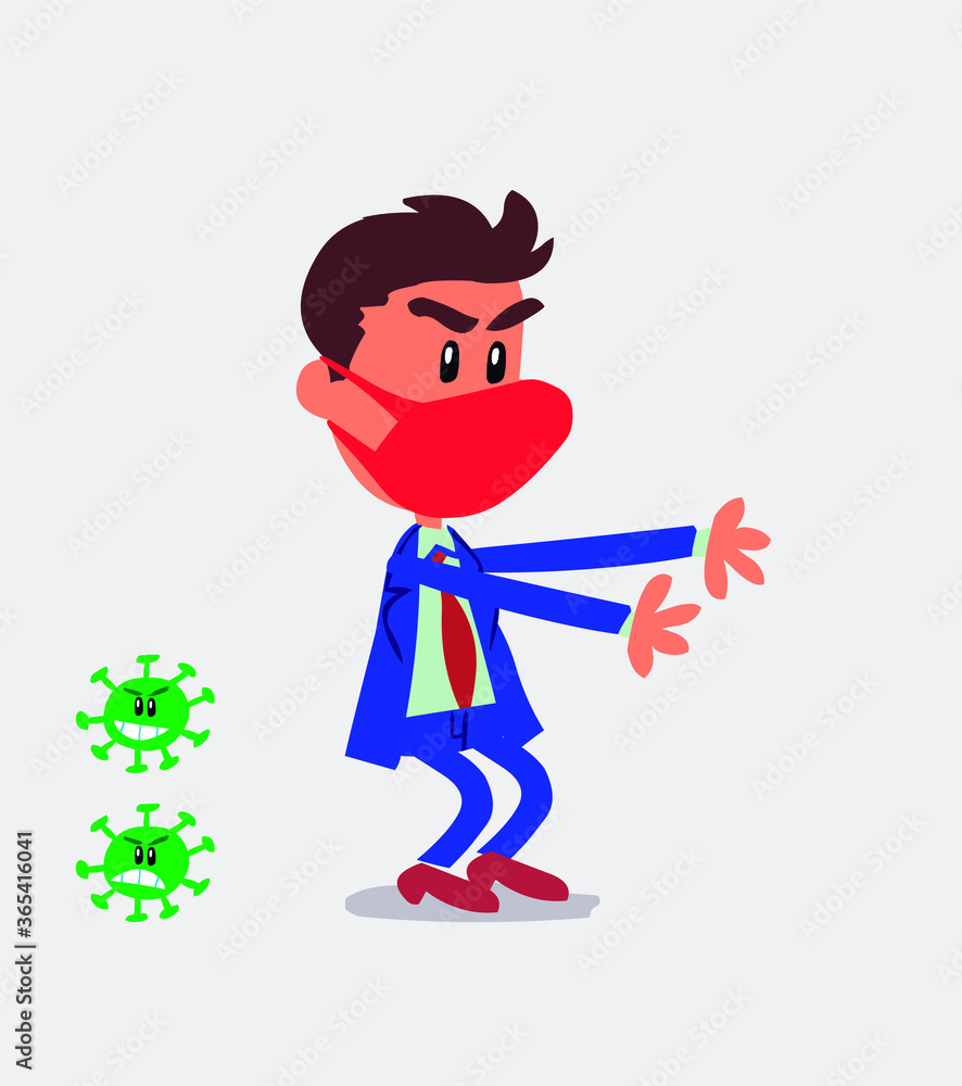 Very angry businessman with mask and virus COVID pointing at something
