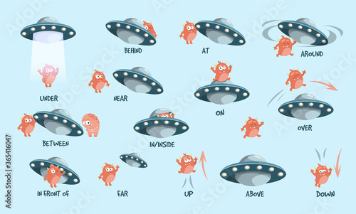 Learning prepositions vector isolated. Chilidish drawing with alien and UFO spaceship. English words learning with cute character. Under, behind, above and between.
