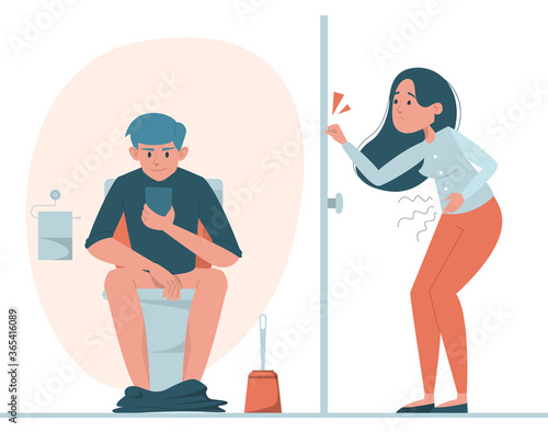 Man sitting on toilet with mobile phone vector isolated. Person in restroom. Funny illustration, guy in lavatory and woman waiting at the door. Girl need to pee, but the toilet is locked.