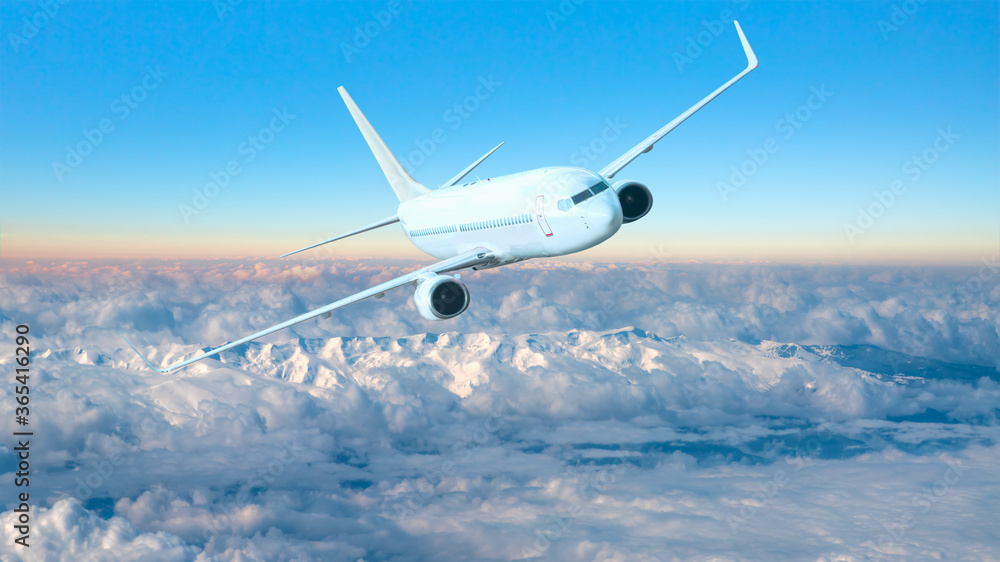 Naklejka premium Samolot startujący z lotniska - biały samolot komercyjny lecący nad miastem i jeziorem