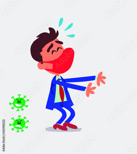 businessman with mask and virus COVID laughing a lot while showing something
