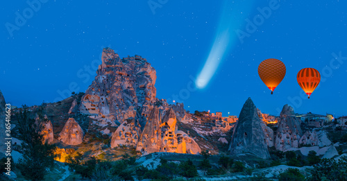 Neowise comet over Uchisar Castle in Cappadocia at tiwilight blue hour
