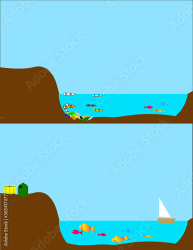 illustrazione per uso maggiore della raccolta differenziata contro l'inquinamento marino