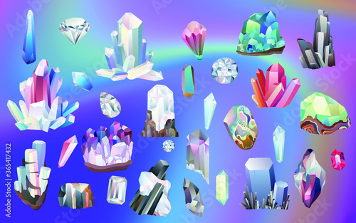 Set of gemstone crystals shiny diamond and jewel gem stones minerals. Crystallize stalagmite quartz vector illustration for game art architecture design.