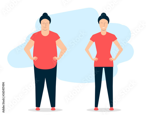 Young woman before and after fitness. A fat girl is able to lose weight. Vector illustration