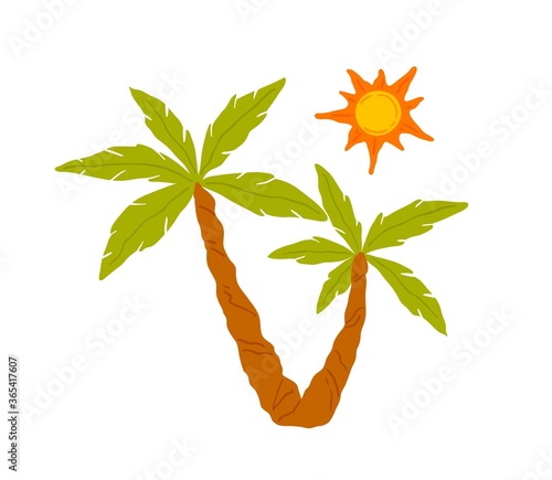 Colorful exotic palm tree with sun vector illustration. Coconut tree with gre...