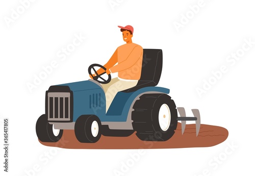 Smiling male farmer working on tractor vector flat illustration. Man driving heavy agricultural machinery for plowing field before seeding isolated on white. Agronomy guy during seasonal work
