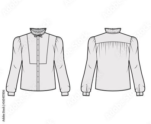 Bow-detailed blouse technical fashion illustration with ruffled collar, long sleeves with cuff, paneled front. Flat apparel shirt template front, back, grey color. Women men, unisex top CAD mockup