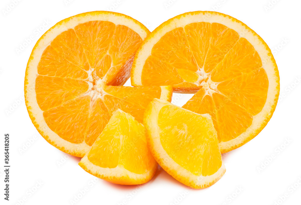 The orange with the cut off slice isolated on white background The orange with the cut off slice isolated on white background